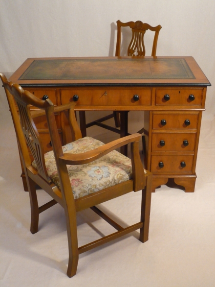 Yew Wood Desk and Two Matching Chairs